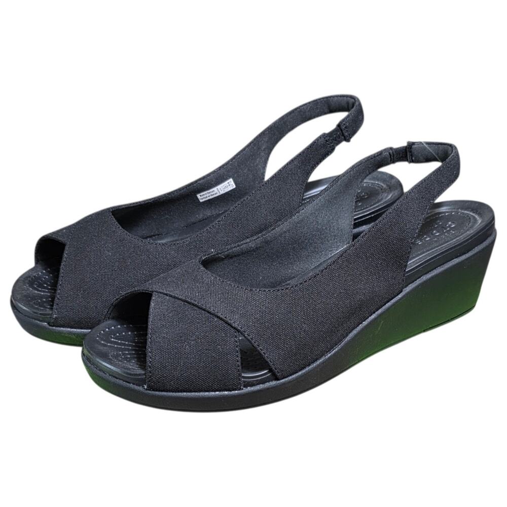 Crocs Leigh Ann Slingback Wedge Sandals Womens 10 Black Peep Toe Comfort NWT